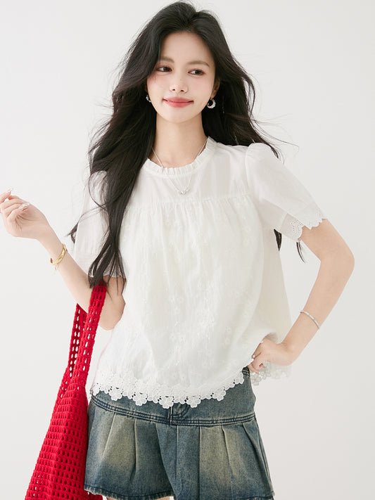 白いレースラウンドネック半袖シャツ