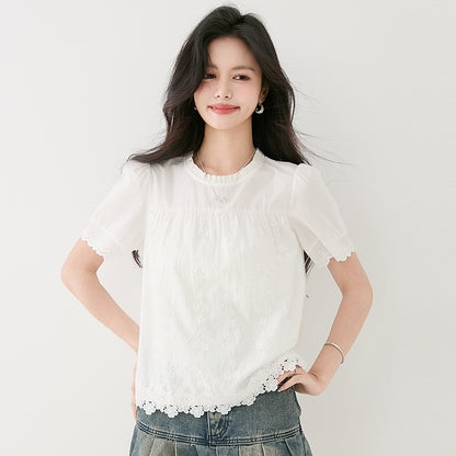 白いレースラウンドネック半袖シャツ