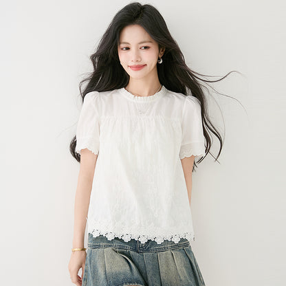 白いレースラウンドネック半袖シャツ