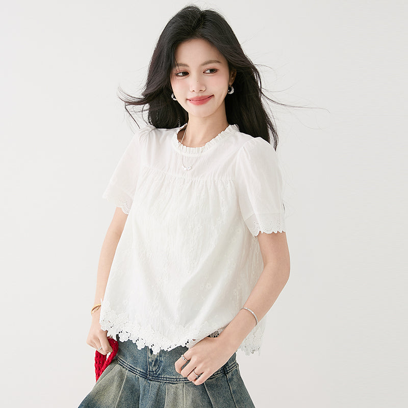 白いレースラウンドネック半袖シャツ