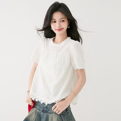 白いレースラウンドネック半袖シャツ