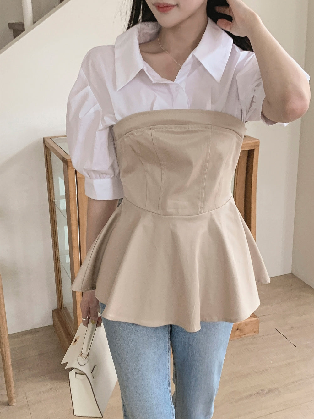 S2 マッチングフェイクツーピースシャツトップ
