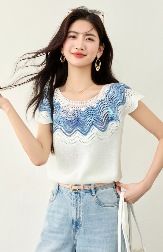 ウェーブコントラストカラー半袖トップ