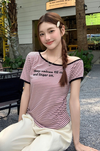 ワンネックレタープリントニットTシャツ