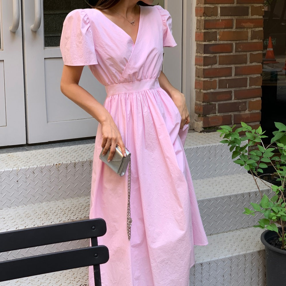 Vネックパフスリーブドレス