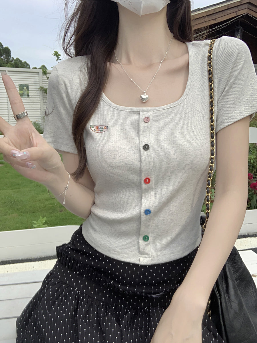 スクエアネックボタンショルダー半袖Tシャツ