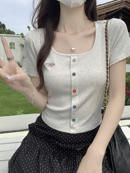 スクエアネックボタンショルダー半袖Tシャツ