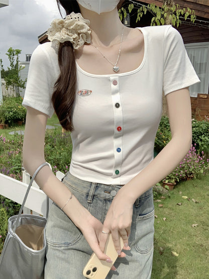 スクエアネックボタンショルダー半袖Tシャツ