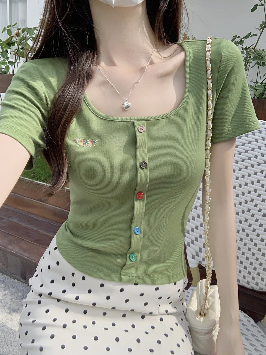 スクエアネックボタンショルダー半袖Tシャツ