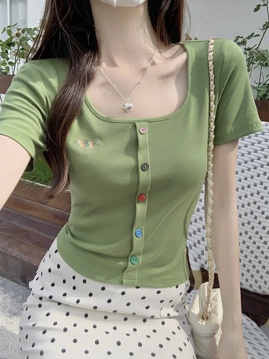 スクエアネックボタンショルダー半袖Tシャツ