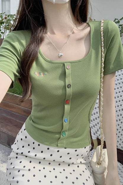 スクエアネックボタンショルダー半袖Tシャツ