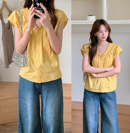 Vネック半袖ショートトップ