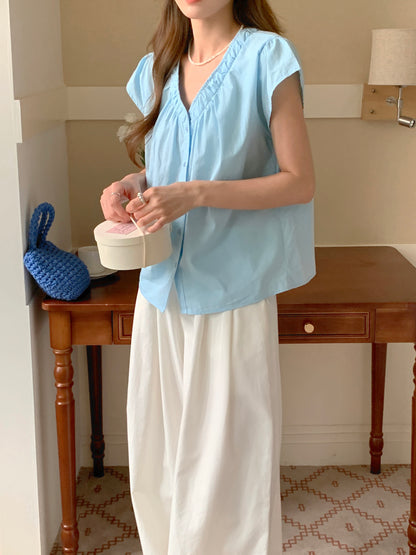 Vネック半袖ショートトップ