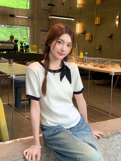 蝶ネクタイニット半袖女性用Tシャツ