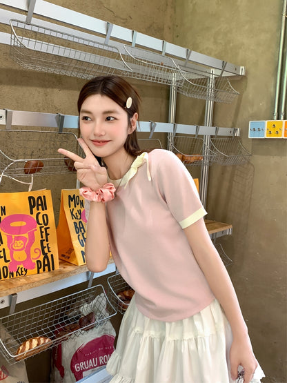 蝶ネクタイニット半袖女性用Tシャツ