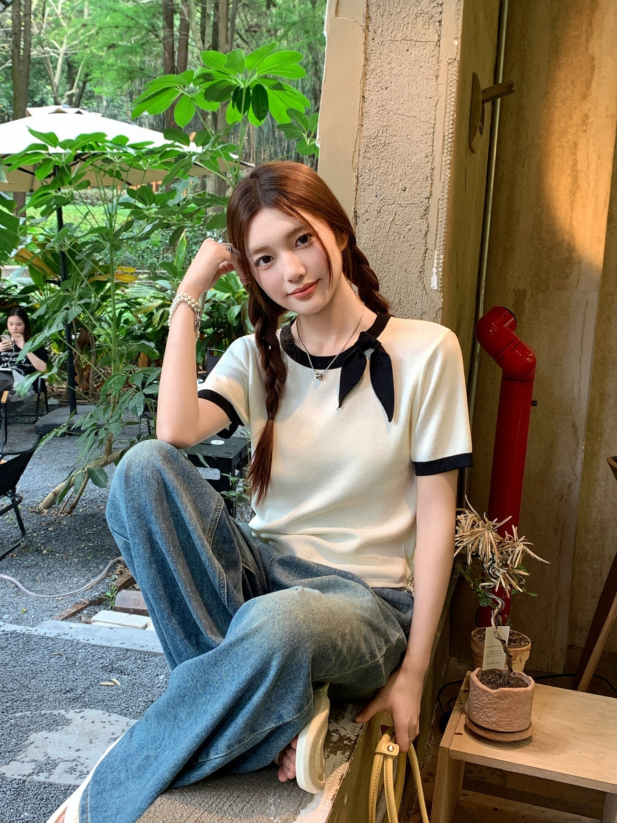 蝶ネクタイニット半袖女性用Tシャツ