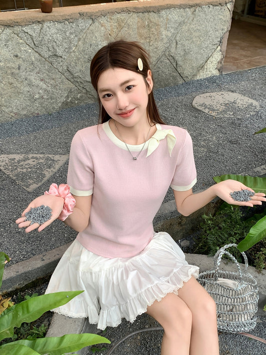 蝶ネクタイニット半袖女性用Tシャツ