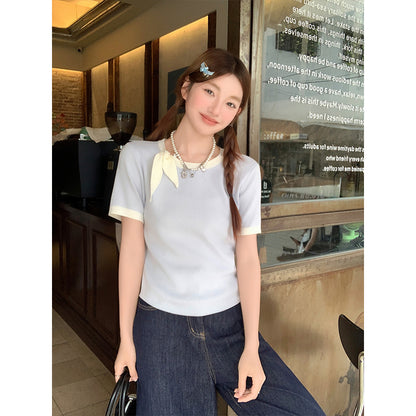 蝶ネクタイニット半袖女性用Tシャツ