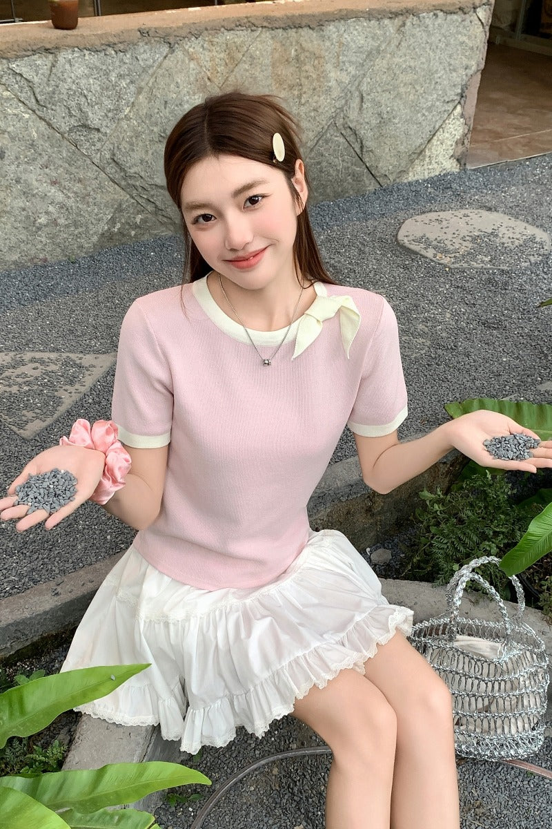 蝶ネクタイニット半袖女性用Tシャツ