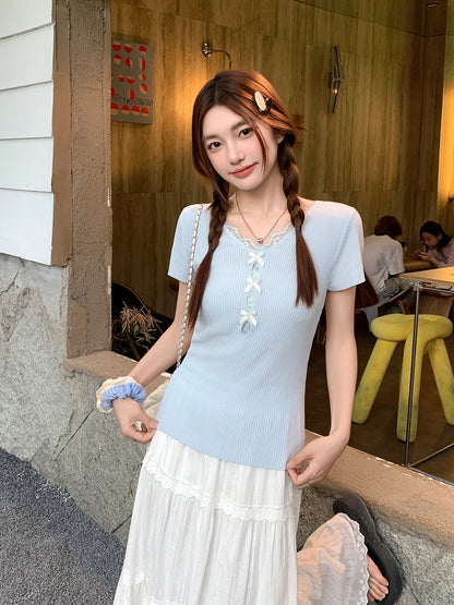 Vネックレースニット半袖Tシャツ