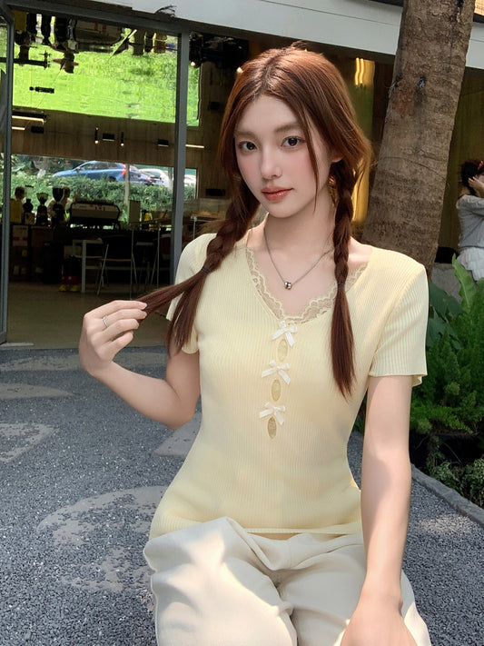 Vネックレースニット半袖Tシャツ