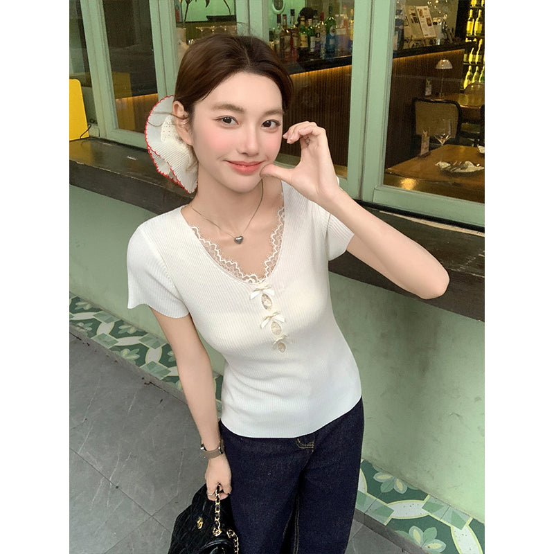 Vネックレースニット半袖Tシャツ