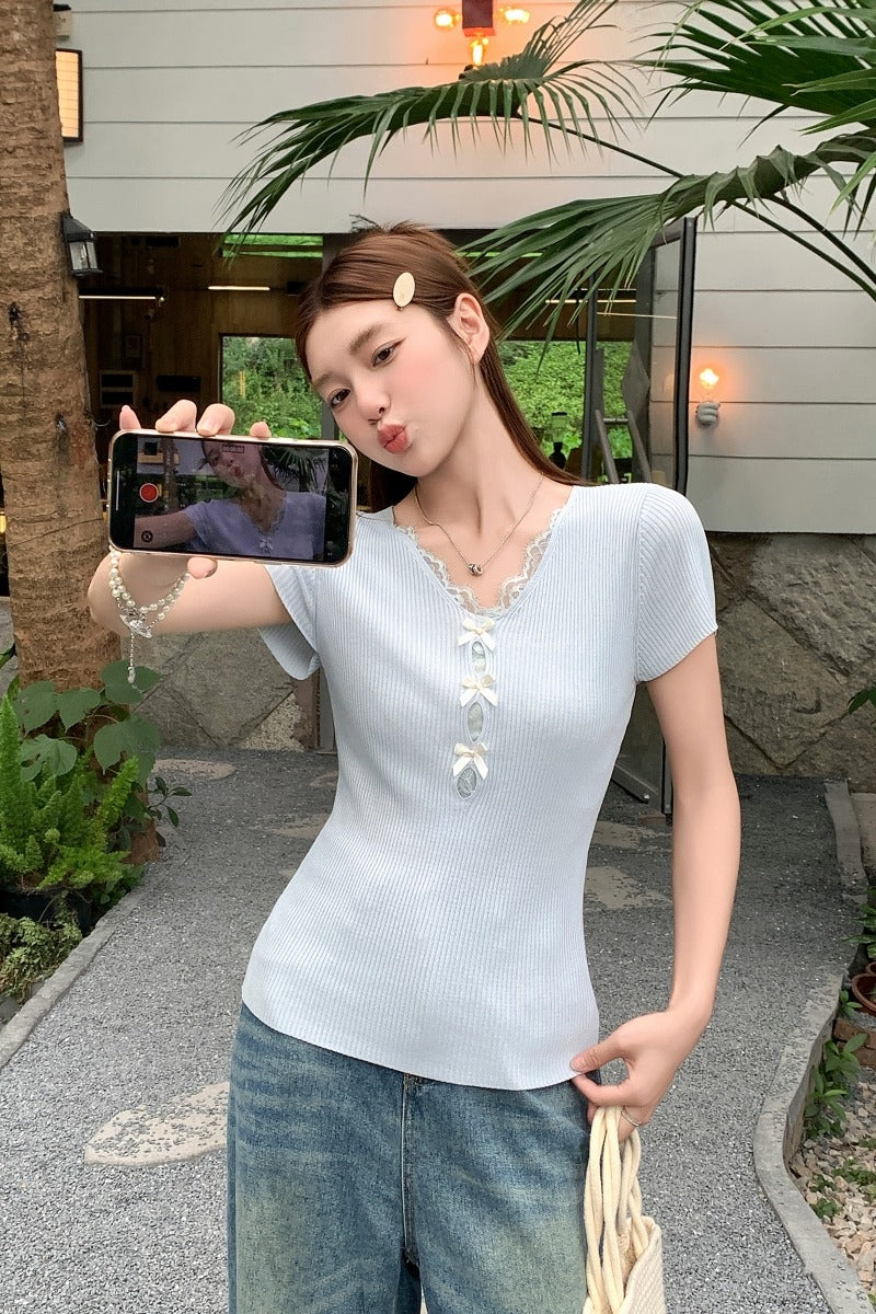 Vネックレースニット半袖Tシャツ