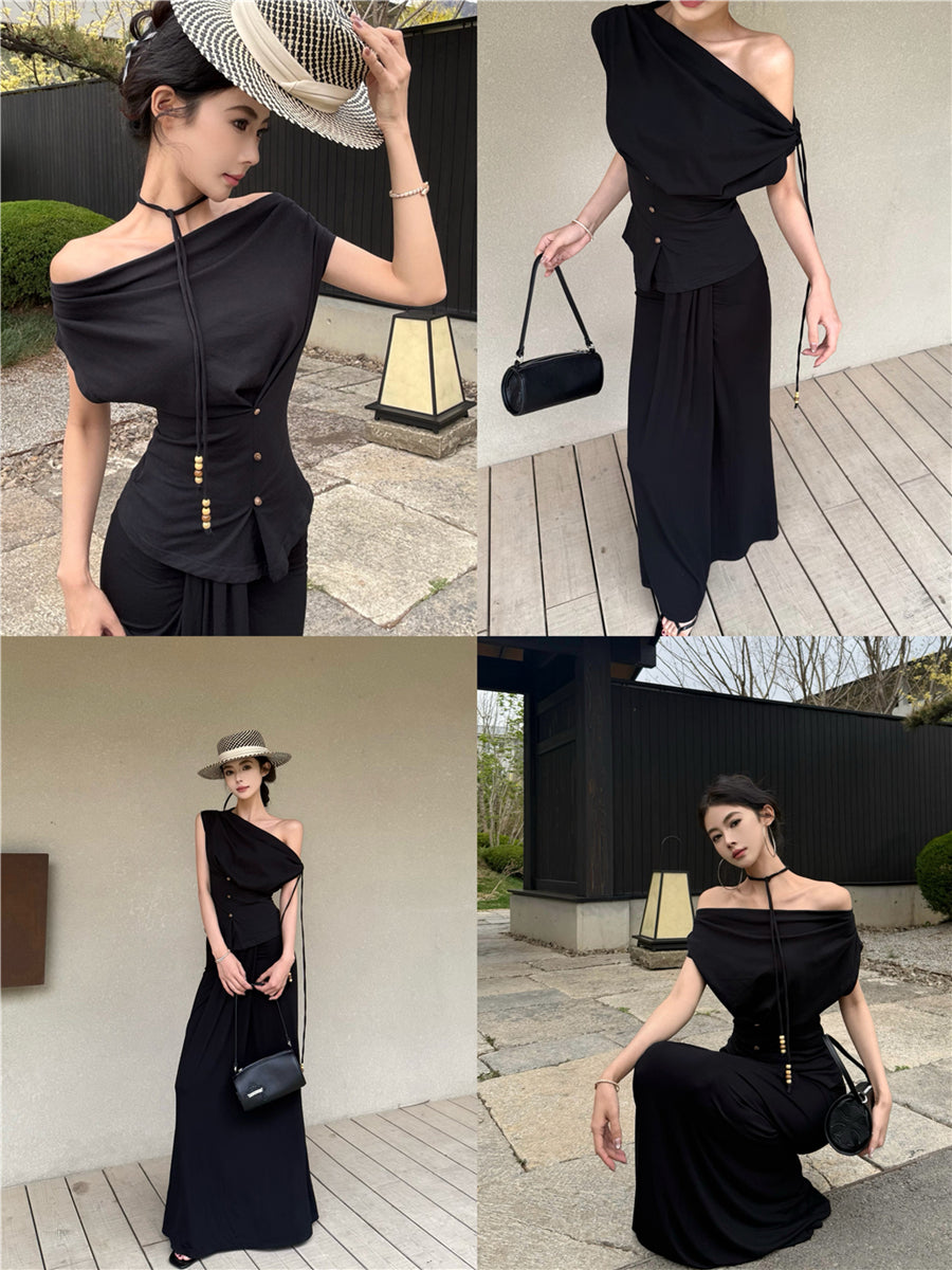 斜めショルダートップ +ヒップカバースカート