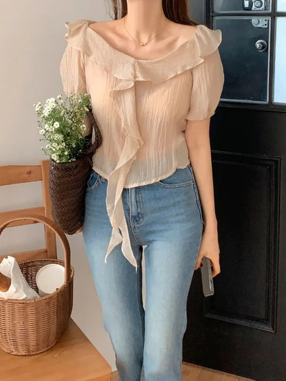 オフショルダー半袖シフォンシャツ