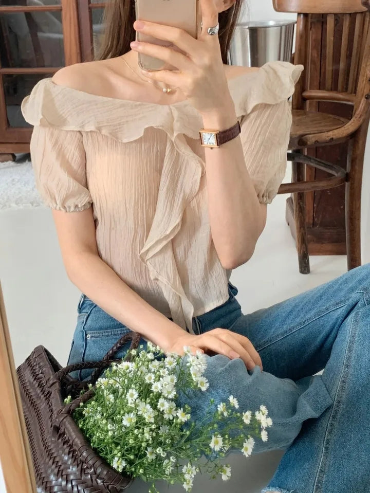 オフショルダー半袖シフォンシャツ
