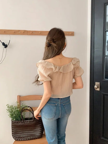 オフショルダー半袖シフォンシャツ