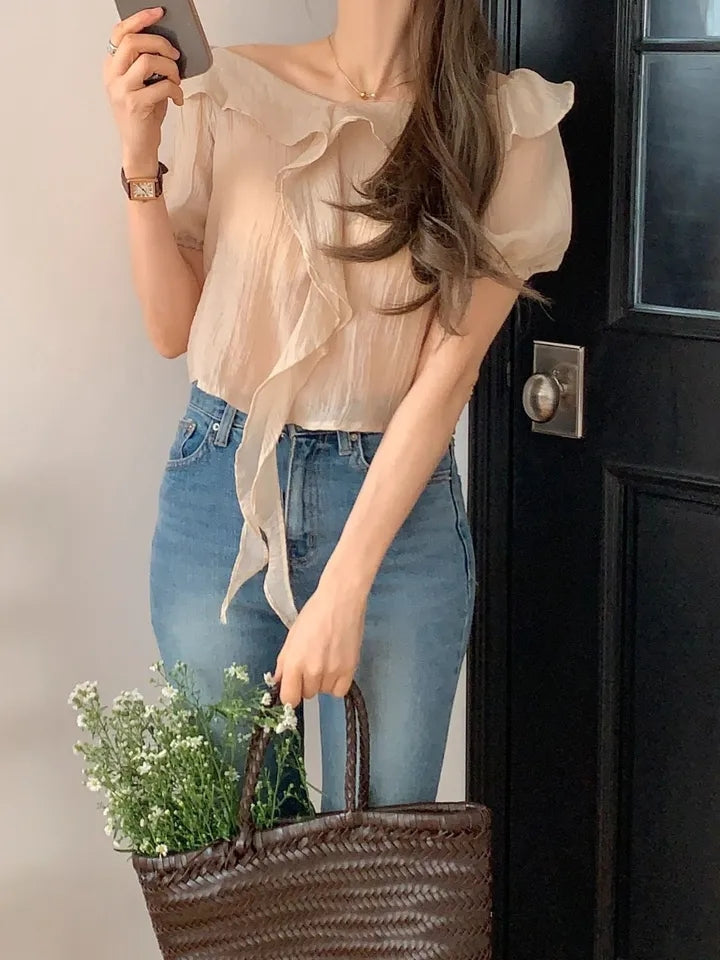 オフショルダー半袖シフォンシャツ