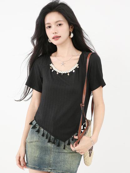 スクエアネックフリンジ付き半袖Tシャツ