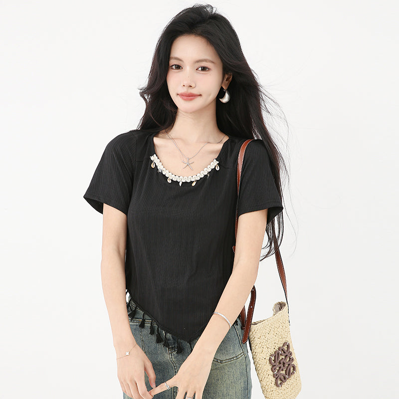 スクエアネックフリンジ付き半袖Tシャツ