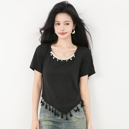 スクエアネックフリンジ付き半袖Tシャツ