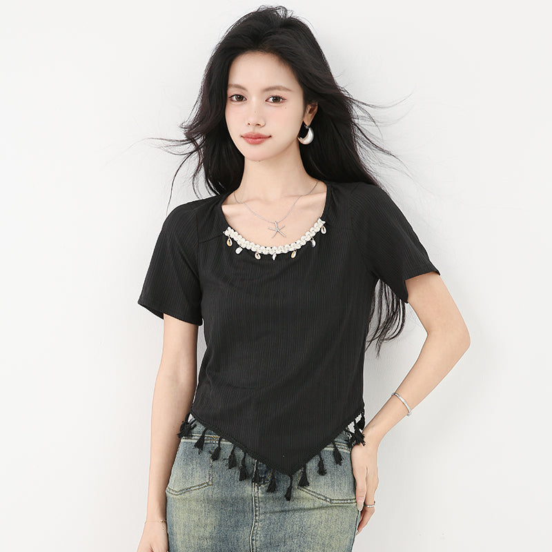 スクエアネックフリンジ付き半袖Tシャツ