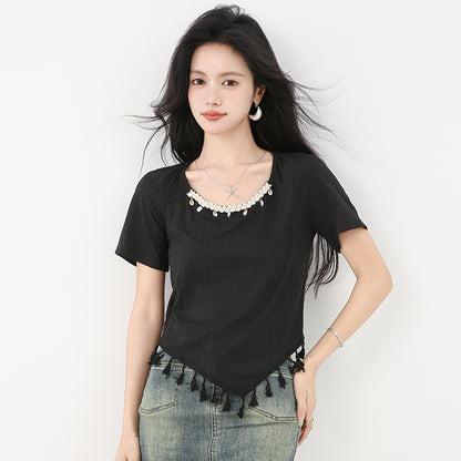 スクエアネックフリンジ付き半袖Tシャツ