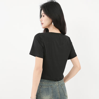 スクエアネックフリンジ付き半袖Tシャツ