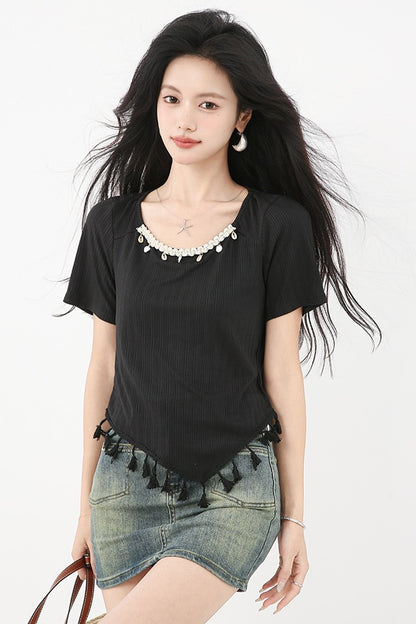 スクエアネックフリンジ付き半袖Tシャツ