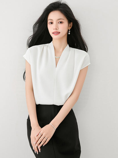 Vネックサテン半袖シャツ