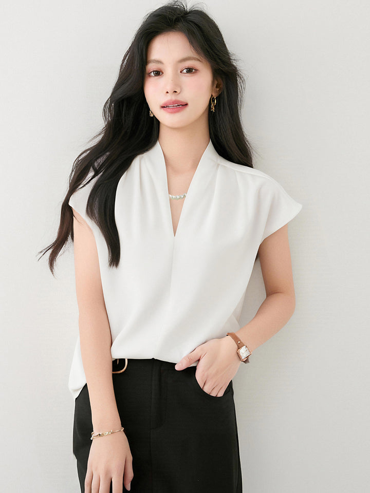 Vネックサテン半袖シャツ