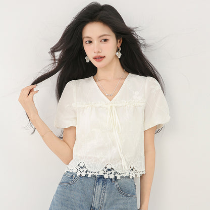 Vネックパフ半袖シャツ