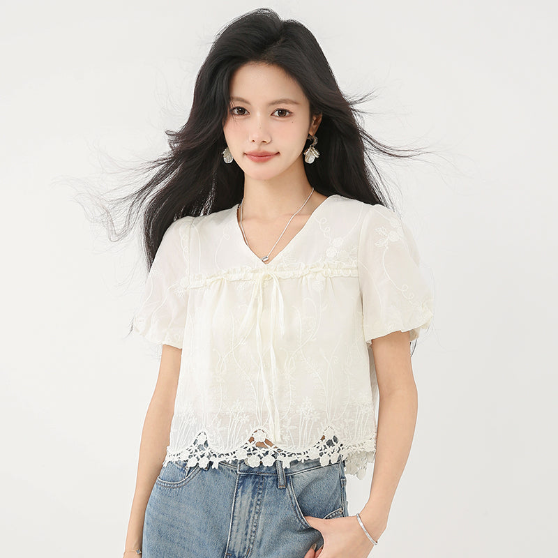 Vネックパフ半袖シャツ