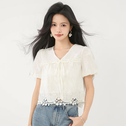 Vネックパフ半袖シャツ