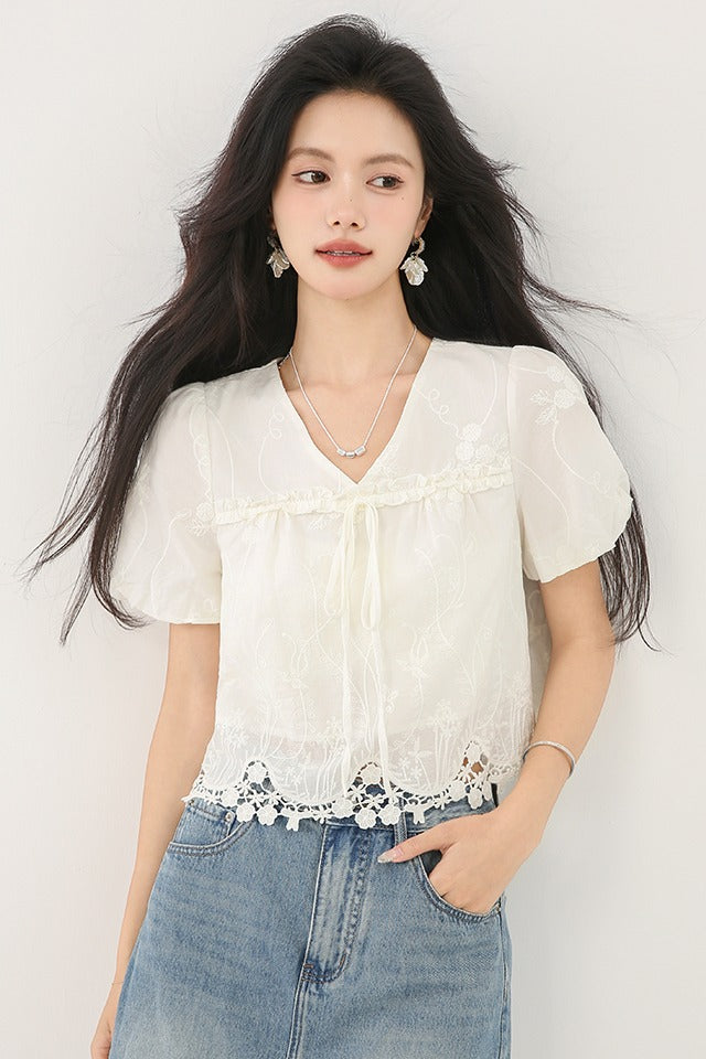 Vネックパフ半袖シャツ