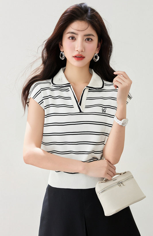 ストライプポロニット半袖Tシャツトップ