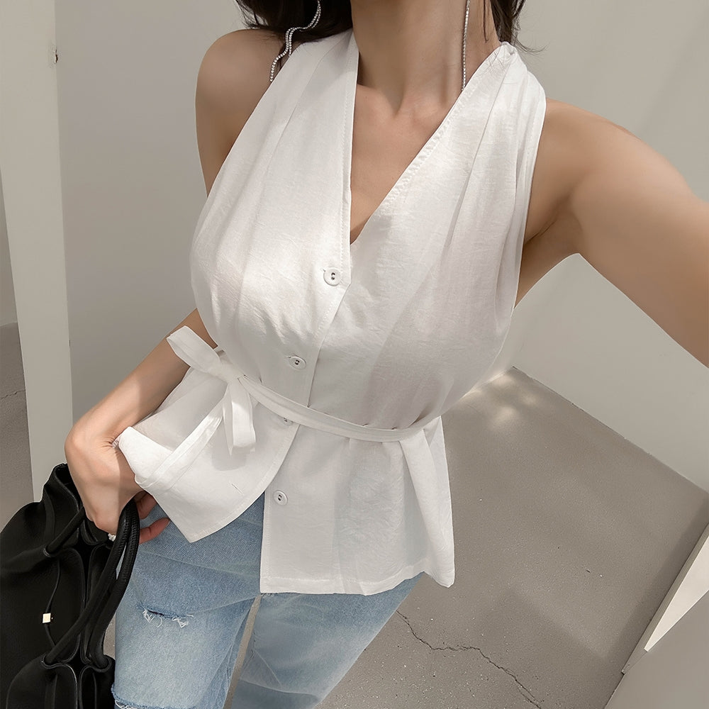 Vネック高級ホルターシャツトップ
