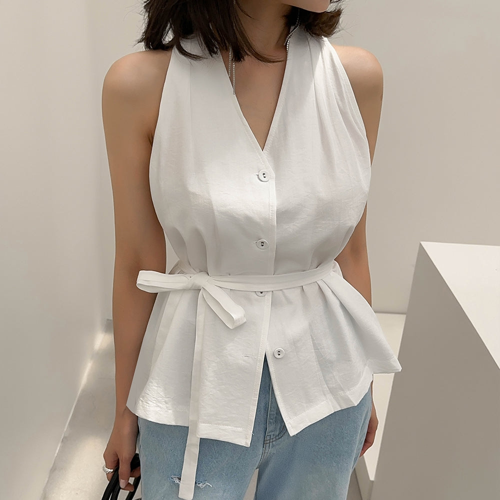 Vネック高級ホルターシャツトップ