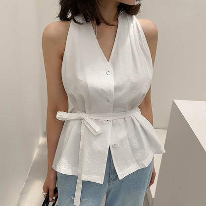Vネック高級ホルターシャツトップ