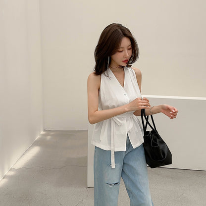 Vネック高級ホルターシャツトップ